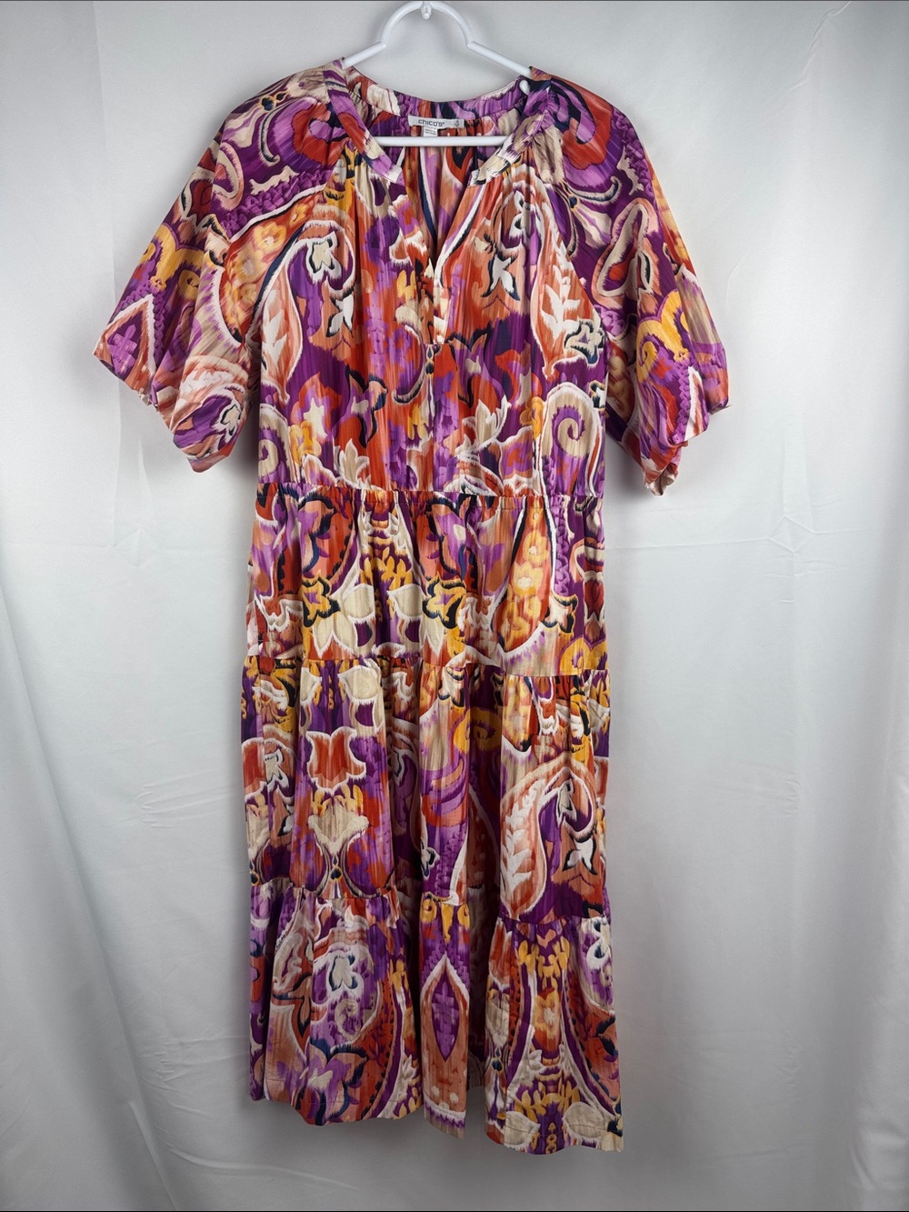 Chico’s Size 2 US 12 Abstract Paisley Tiered Midi Dress Boho Purple Orange